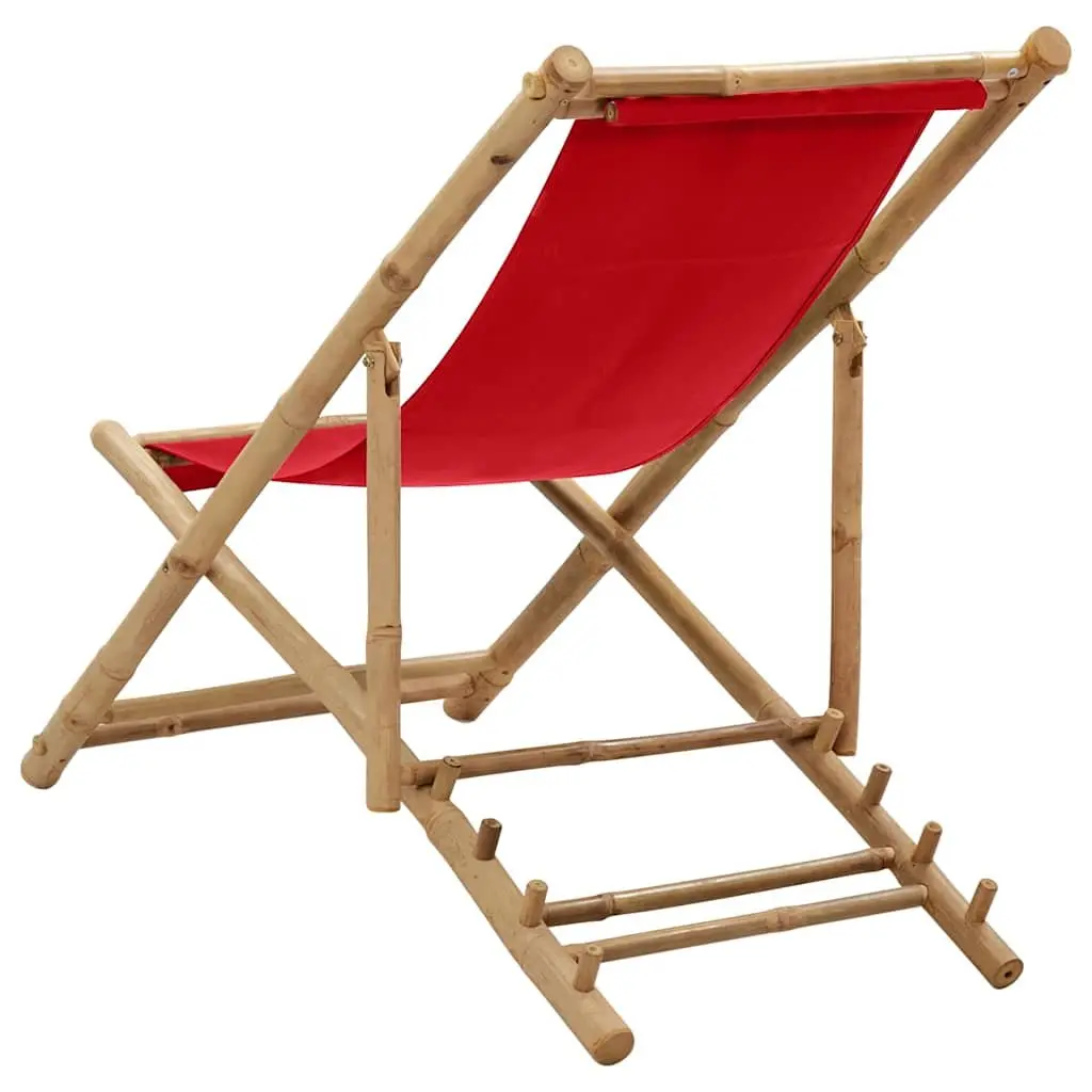 Outdoor Deck Chair Bamboo Canvas Red Garden Beach Camping Foldable 4-Position