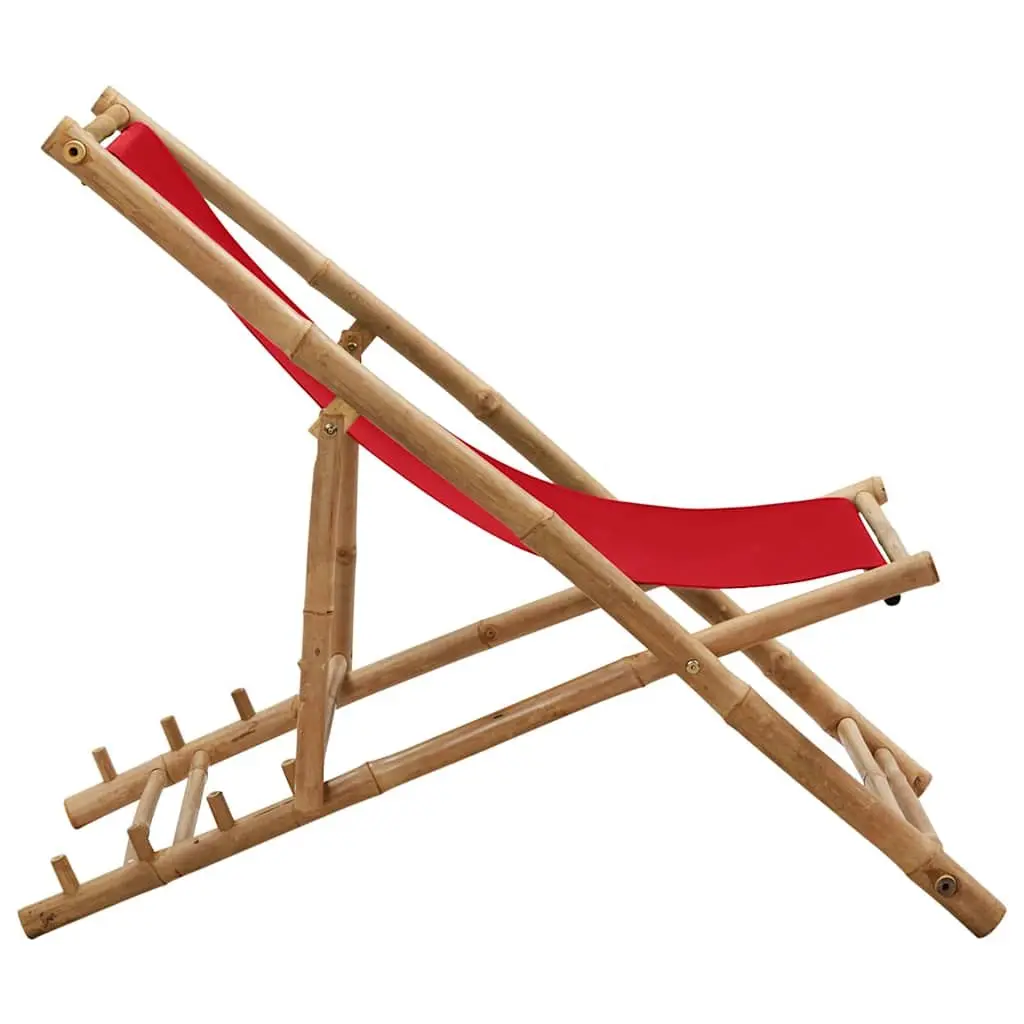 Outdoor Deck Chair Bamboo Canvas Red Garden Beach Camping Foldable 4-Position