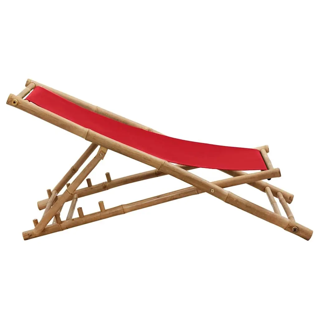 Outdoor Deck Chair Bamboo Canvas Red Garden Beach Camping Foldable 4-Position
