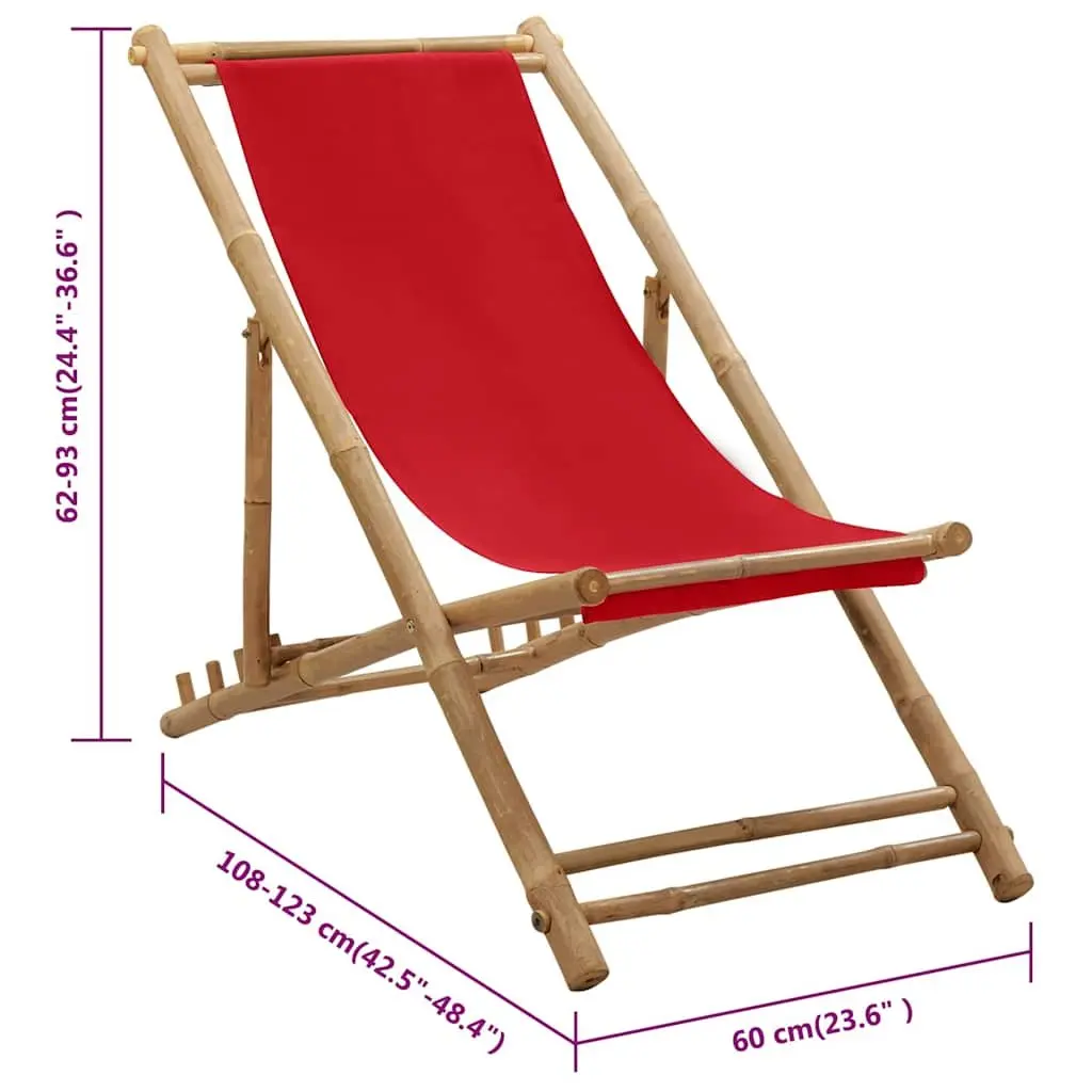 Outdoor Deck Chair Bamboo Canvas Red Garden Beach Camping Foldable 4-Position