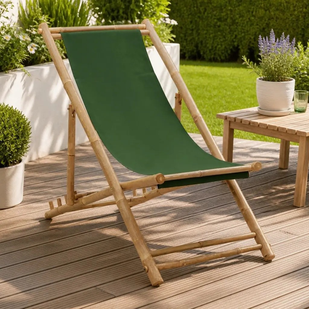 Bamboo and Canvas Green Deck Chair with 4-Position Adjustability