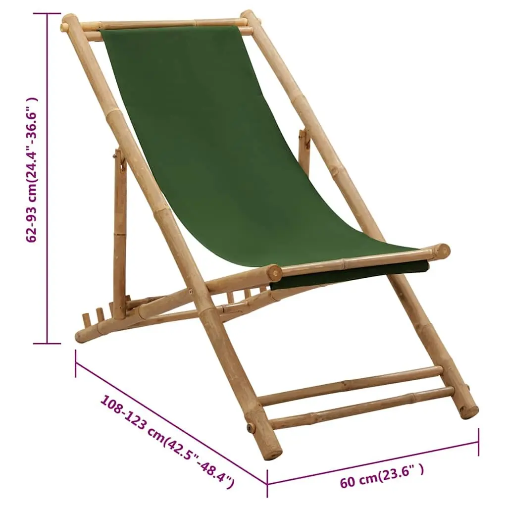Bamboo and Canvas Green Deck Chair with 4-Position Adjustability