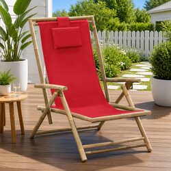 Sturdy Red Folding Garden Reclining Chair with Bamboo Frame