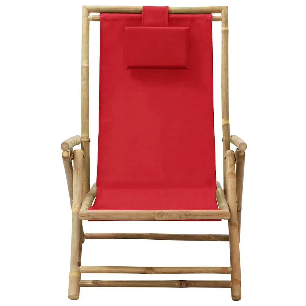 Reclining Chair Bamboo Fabric 4 Position Adjustable Red Folding Outdoor Garden Relaxer