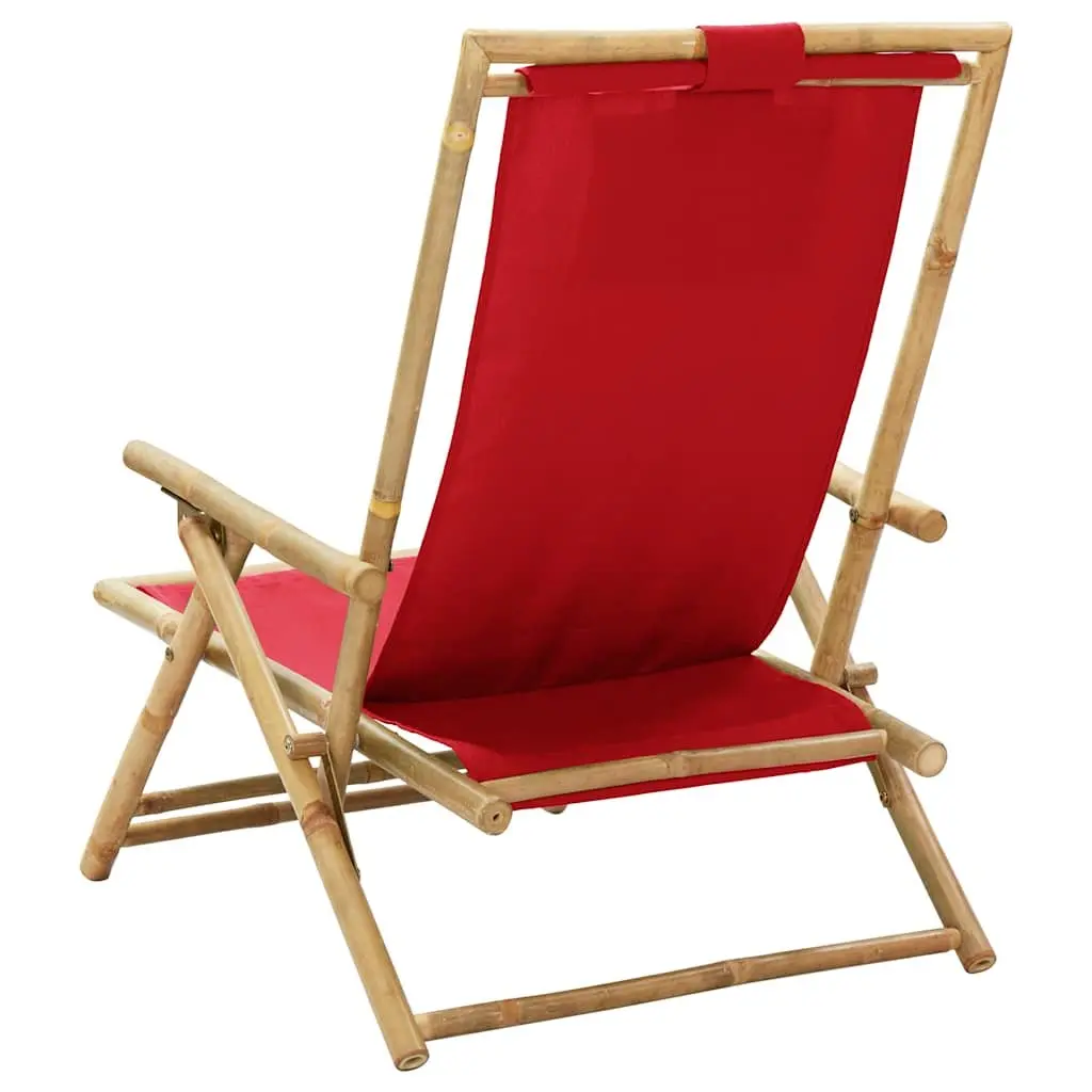 Reclining Chair Bamboo Fabric 4 Position Adjustable Red Folding Outdoor Garden Relaxer