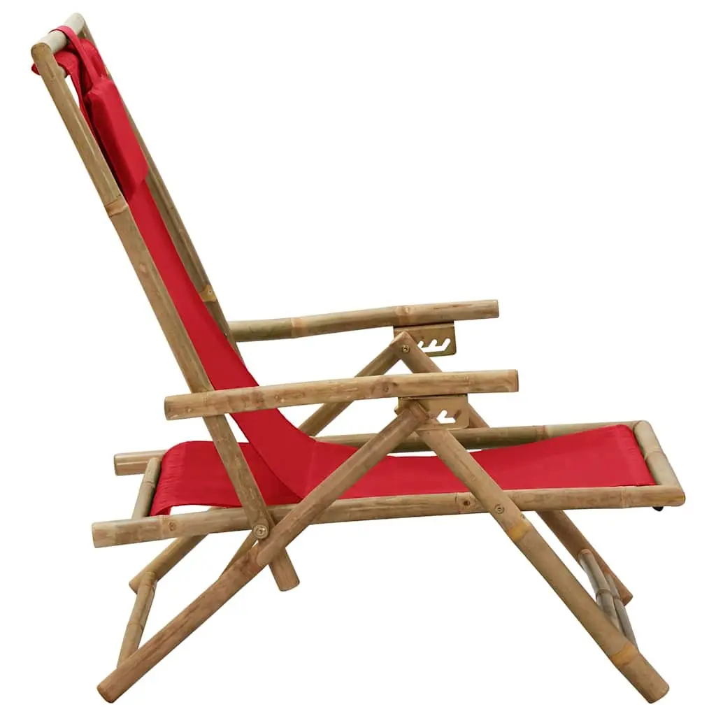 Reclining Chair Bamboo Fabric 4 Position Adjustable Red Folding Outdoor Garden Relaxer