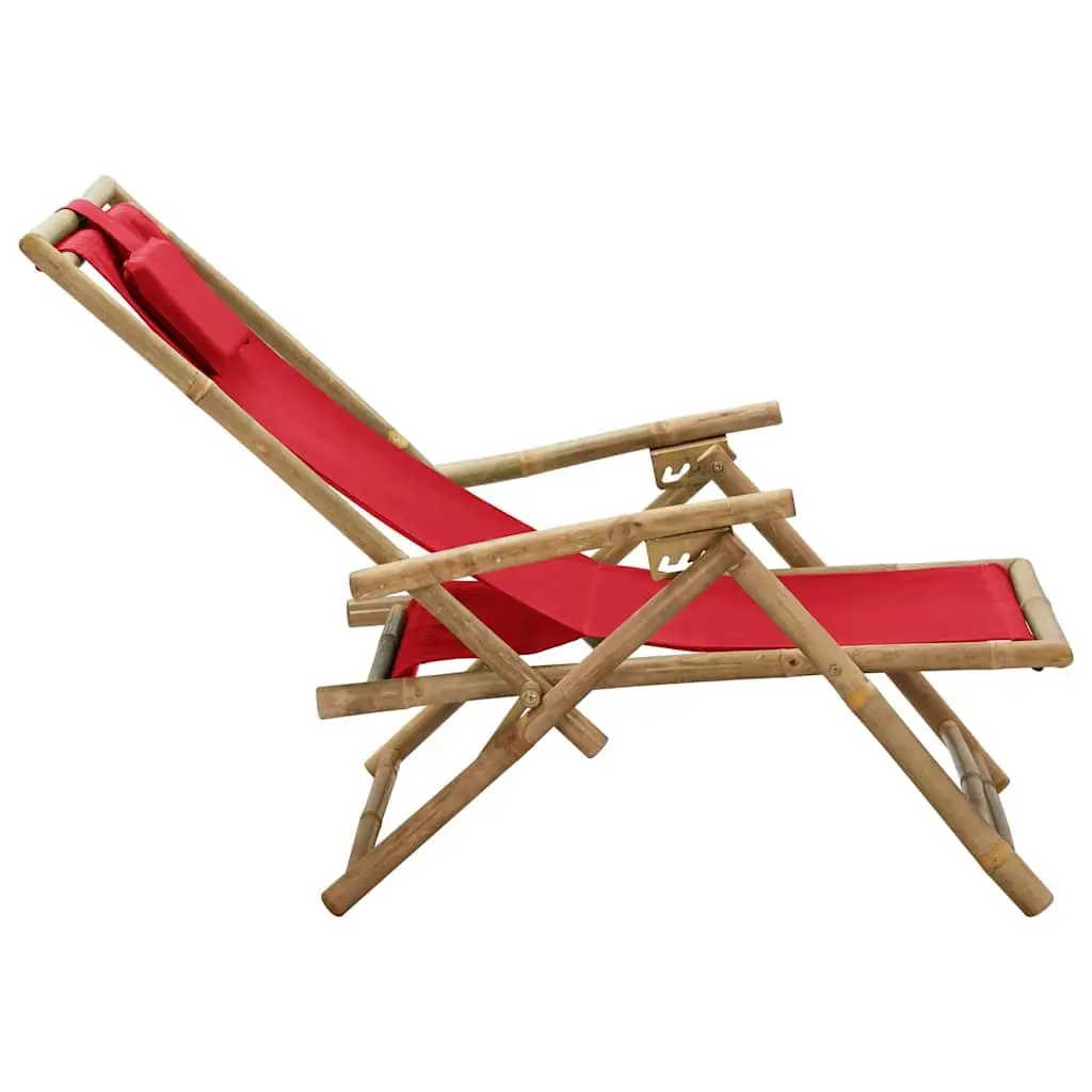 Reclining Chair Bamboo Fabric 4 Position Adjustable Red Folding Outdoor Garden Relaxer