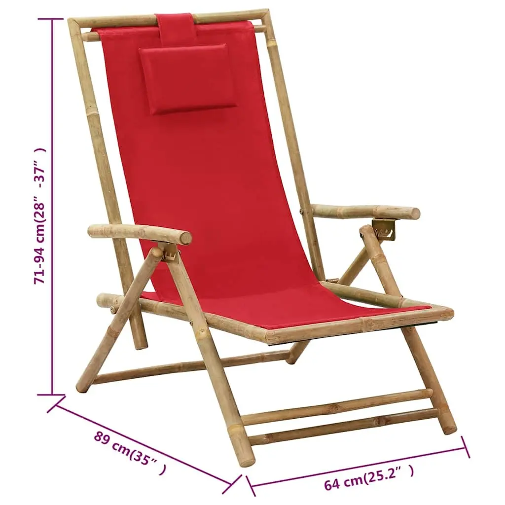 Reclining Chair Bamboo Fabric 4 Position Adjustable Red Folding Outdoor Garden Relaxer