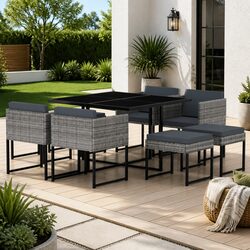 9 Piece Garden Dining Set with Grey PE Rattan and Glass