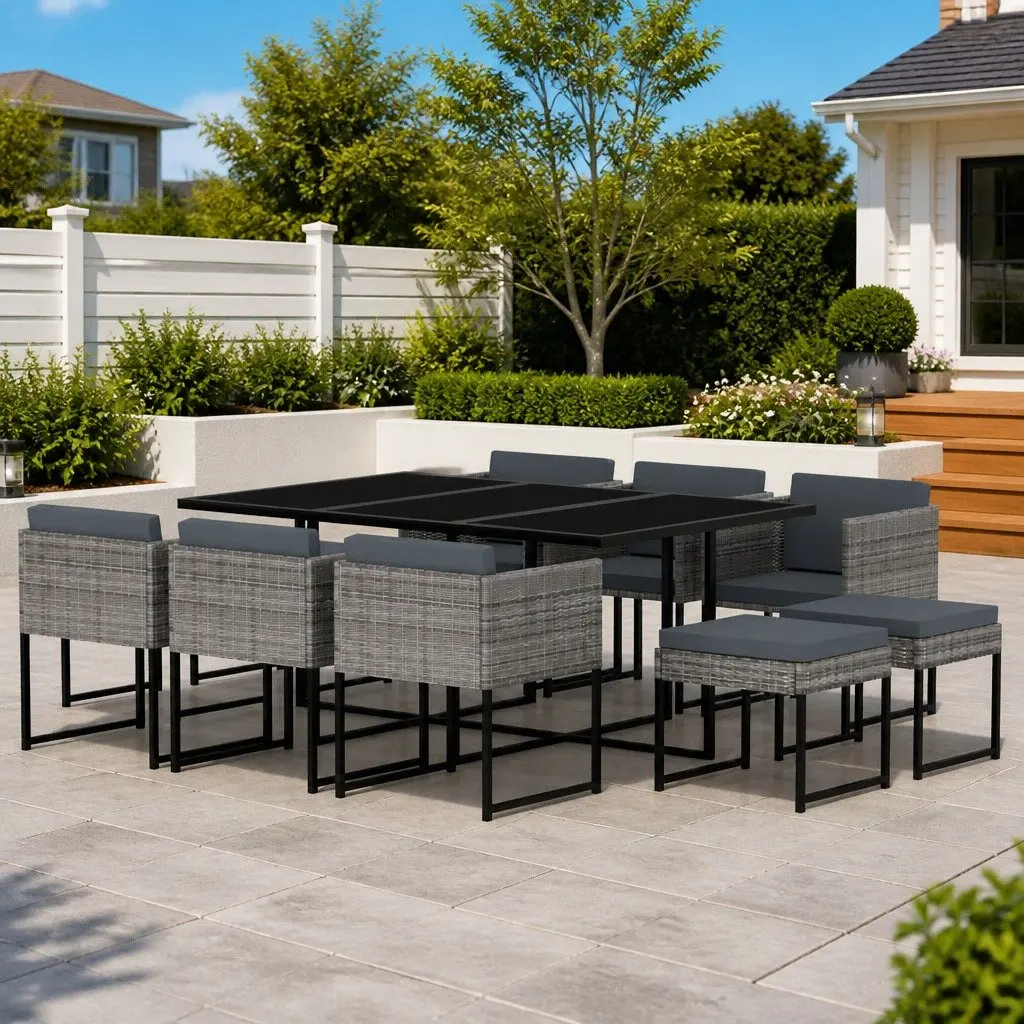 Garden Dining Set Poly Rattan Tempered Glass 11 Piece Outdoor Patio Furniture Grey