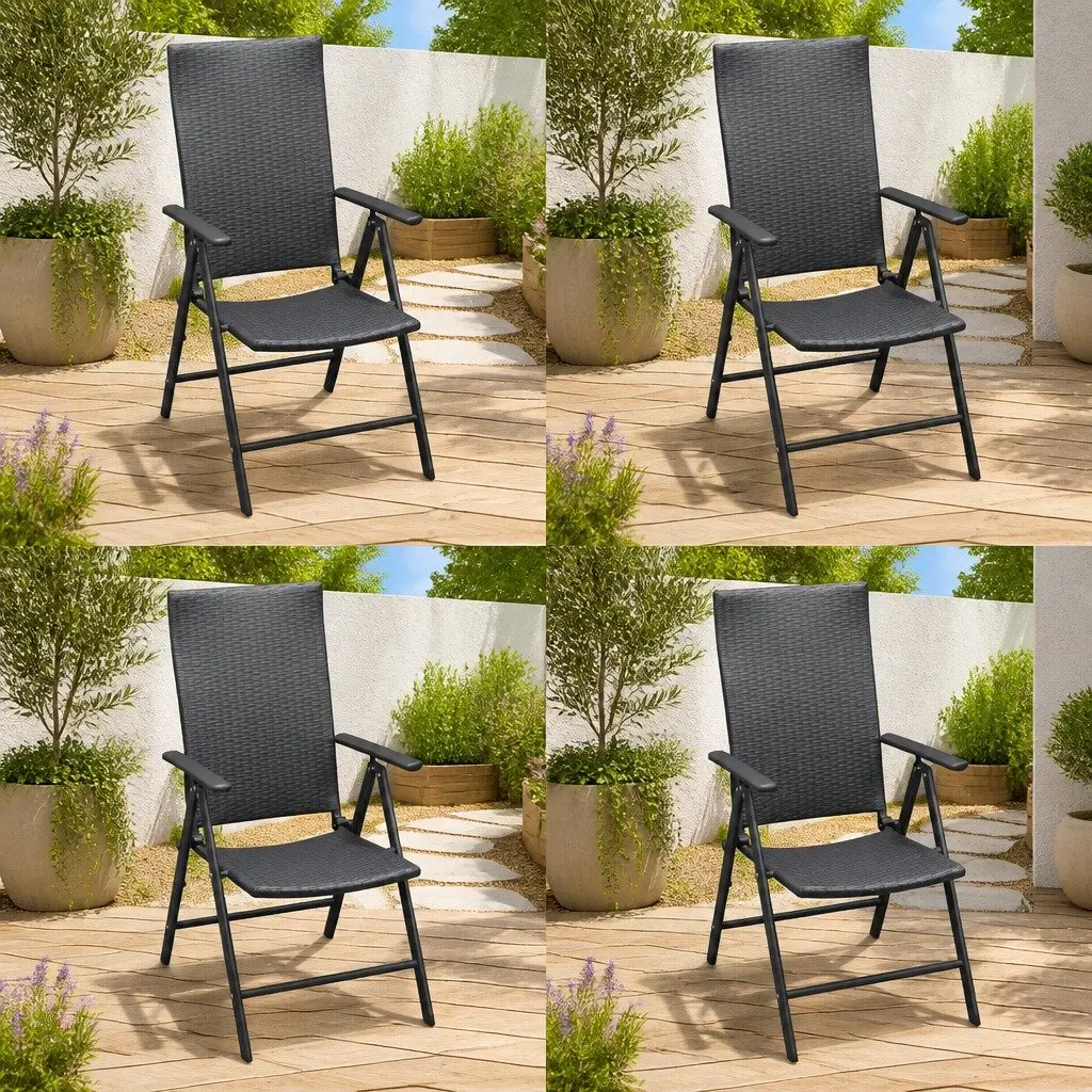 Outdoor Garden Chairs PE Rattan Aluminium Frame 4 Piece Set Reclining Folding Black