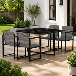 5-Piece Grey Rattan Outdoor Dining Set with Cushions