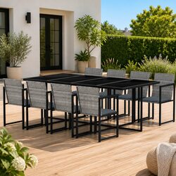 9 Piece Grey Rattan Outdoor Dining Set with Cushions