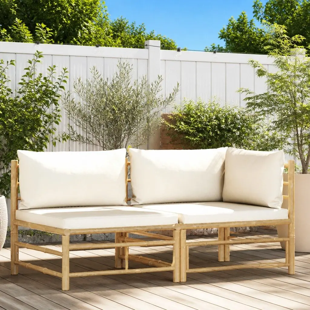 2 Piece Garden Lounge Set Cream White Cushions Outdoor Patio Sofa Bamboo Seating