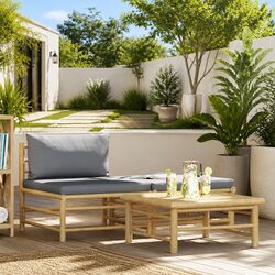 Bamboo Sectional Sofa Garden Lounge Set with Grey Cushions