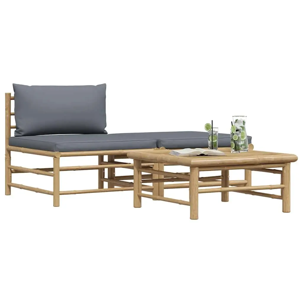 Bamboo Sectional Sofa Garden Lounge Set with Grey Cushions