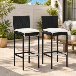 Outdoor Bar Stools with Cushions 2 pcs Black Poly Rattan Garden Seating