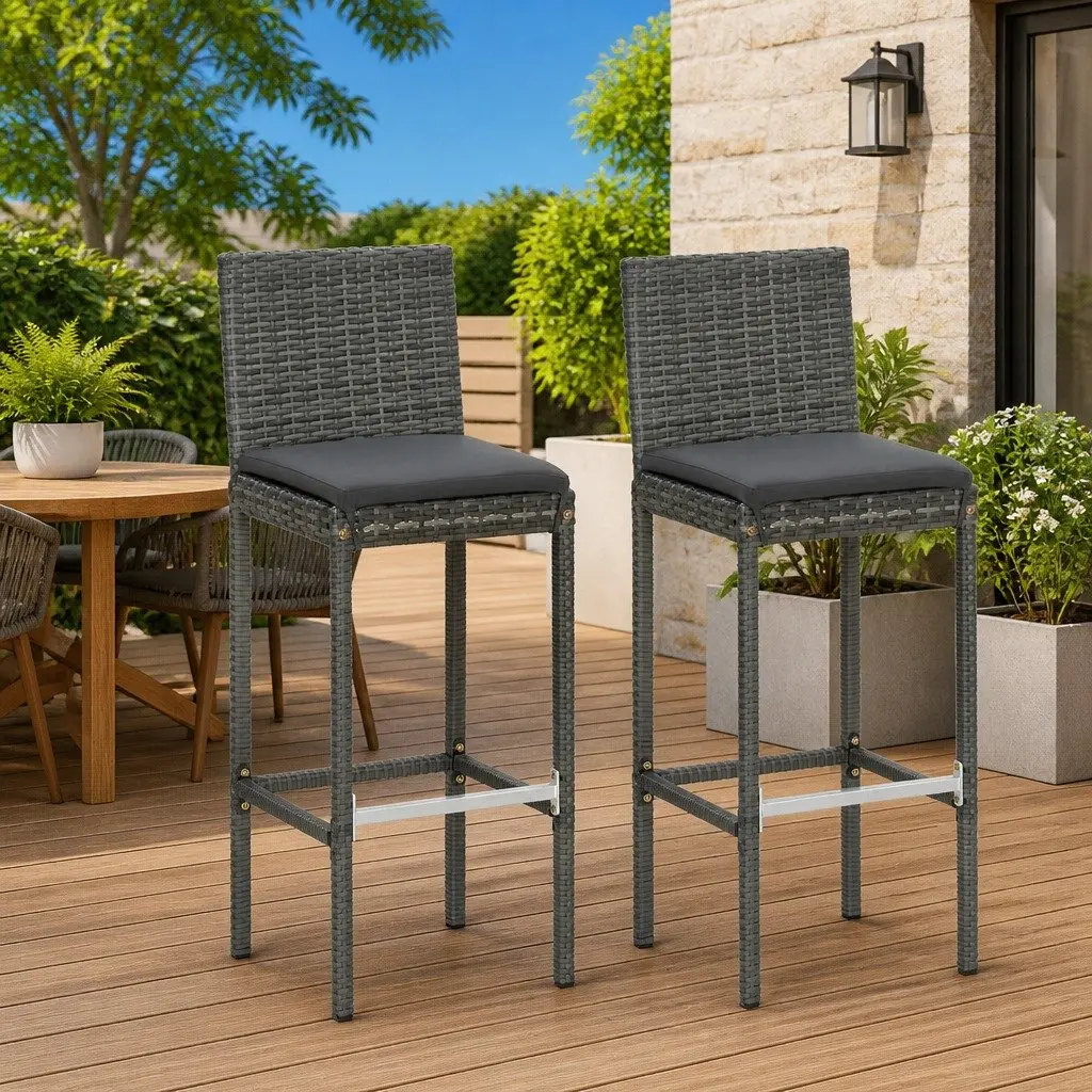 Bar Stools Set 2 pcs Steel Frame Poly Rattan Grey Cushioned