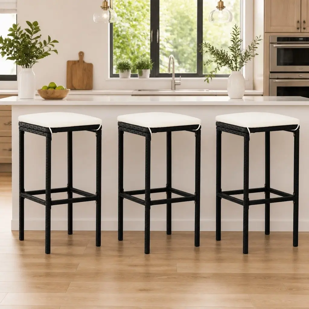 Set of 3 Black PE Rattan Bar Stools with Cushions
