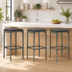 Set of 3 Durable Grey Poly Rattan Bar Stools with Cushions