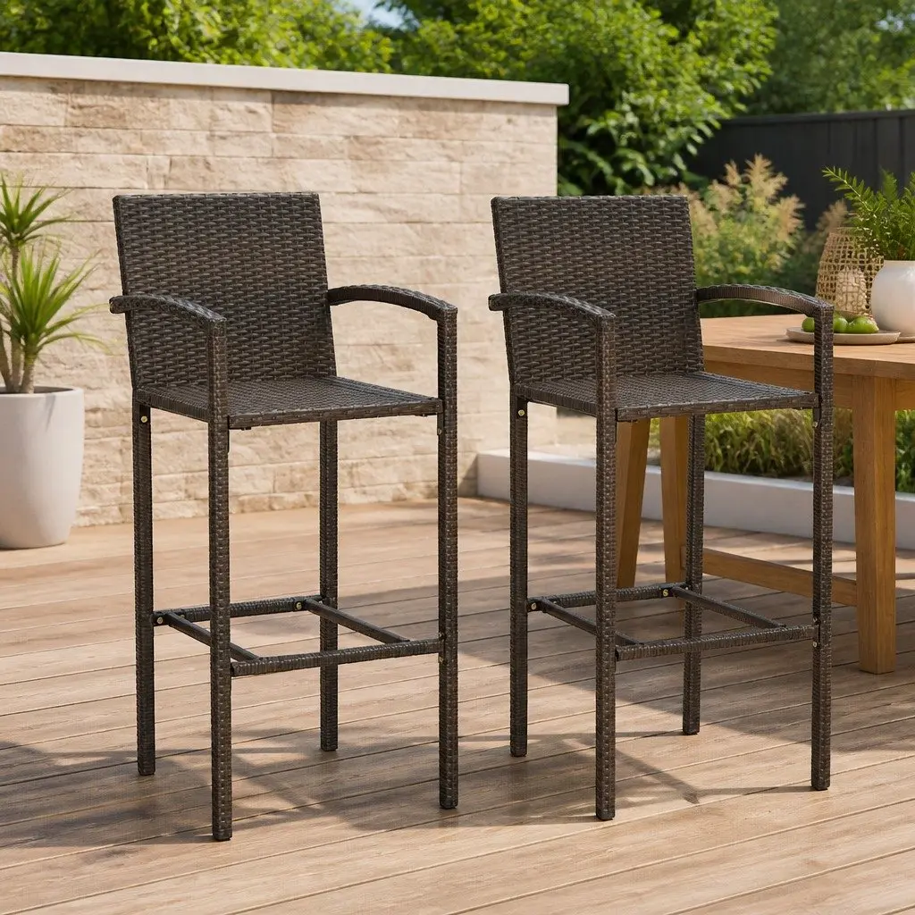 Outdoor Bar Stools 2-Pack Brown Rattan Seating
