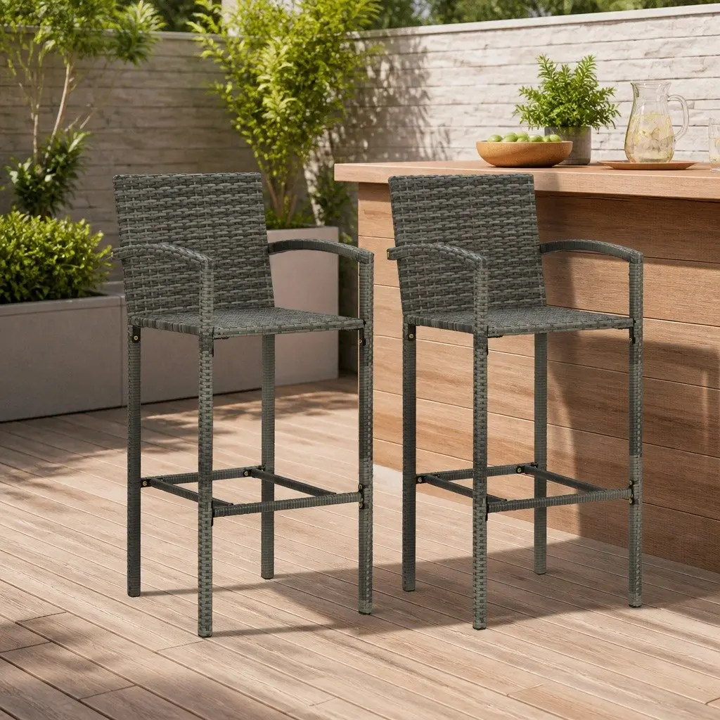 Grey Rattan Outdoor Bar Stools 2 pcs Set