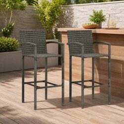 Durable Grey Rattan Outdoor Bar Stools 2 pcs Set