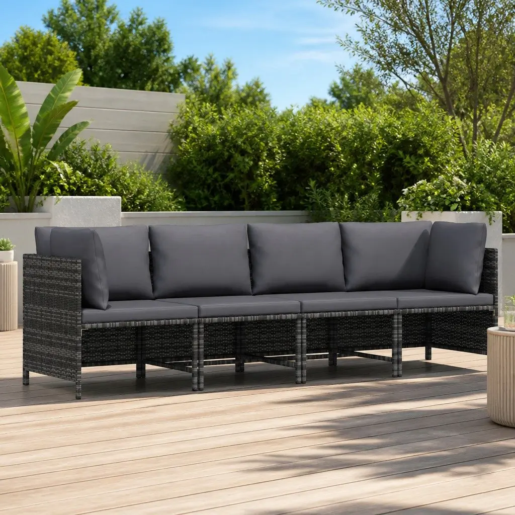 4-Seater Garden Sofa PE Rattan Powder-Coated Steel Frame Grey Outdoor Sectional Lounger