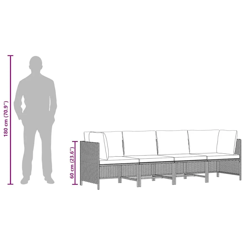 4-Seater Garden Sofa PE Rattan Powder-Coated Steel Frame Grey Outdoor Sectional Lounger