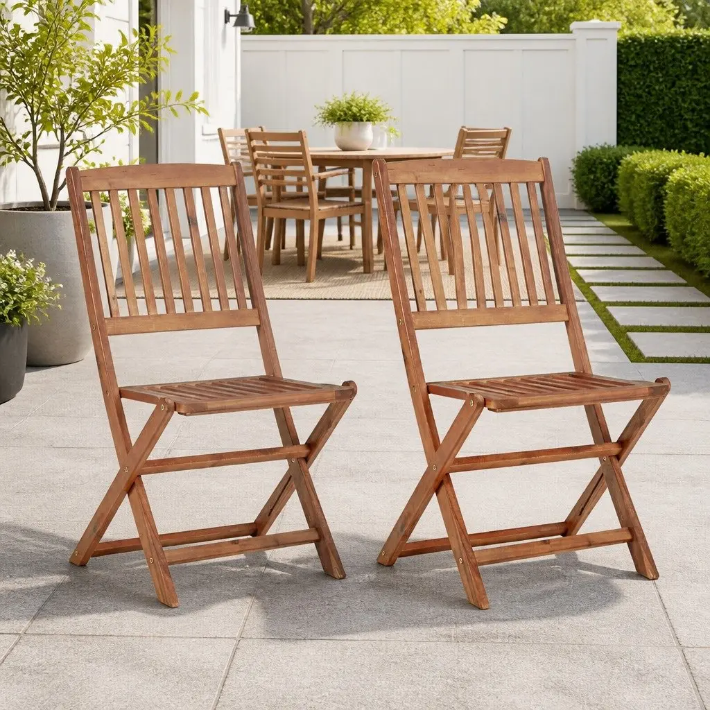 Folding Chairs Solid Acacia Wood Brown 2 Piece Outdoor Garden Patio Dining Set