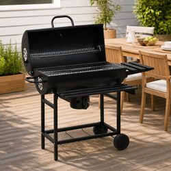 Barrel Charcoal BBQ Grill with Wheels Shelves Black Steel Outdoor Cooking