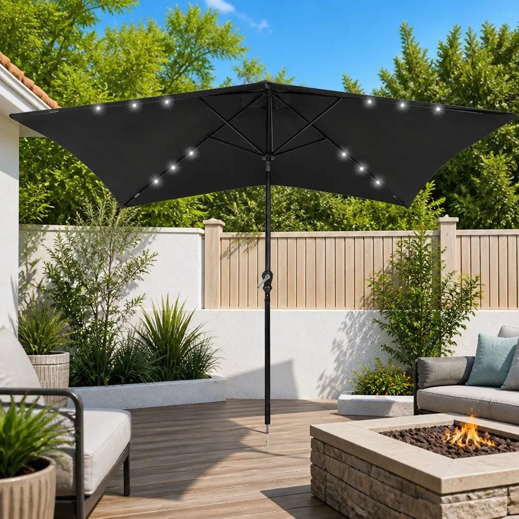 Garden Parasol Polyester 2x3m Black with Solar LED Lights and Steel Pole Crank Tilt