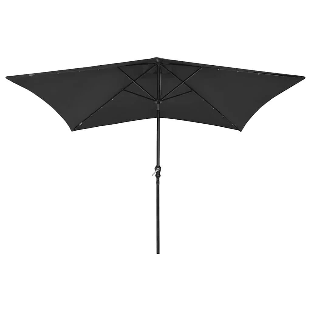 Garden Parasol Polyester 2x3m Black with Solar LED Lights and Steel Pole Crank Tilt