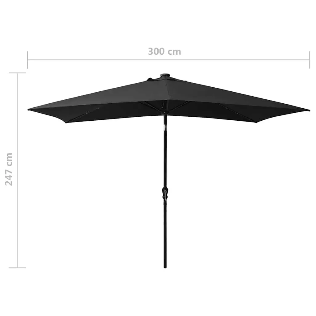 Garden Parasol Polyester 2x3m Black with Solar LED Lights and Steel Pole Crank Tilt
