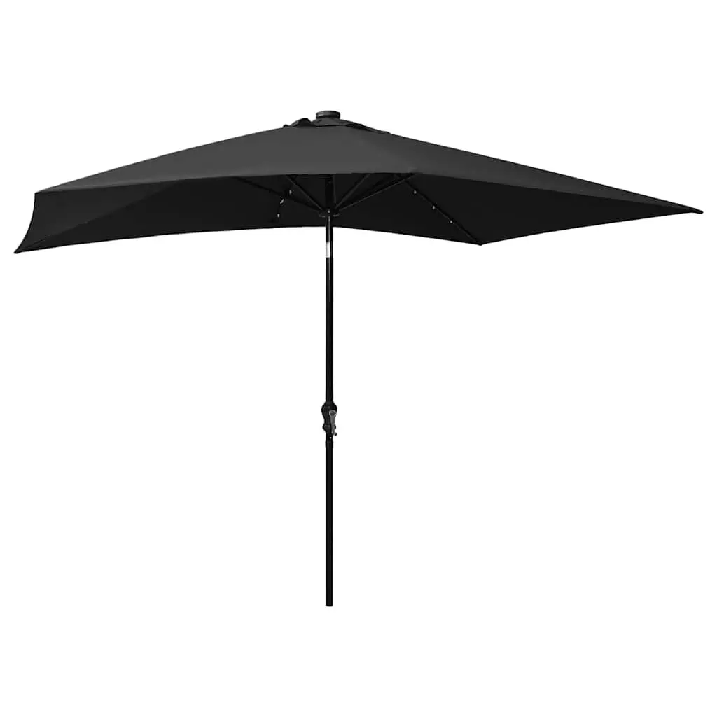 Garden Parasol Polyester 2x3m Black with Solar LED Lights and Steel Pole Crank Tilt
