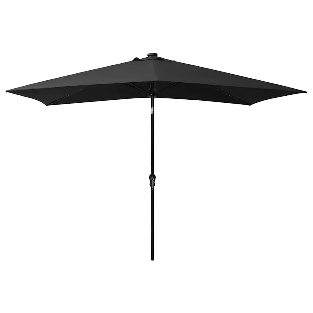 Garden Parasol Polyester 2x3m Black with Solar LED Lights and Steel Pole Crank Tilt