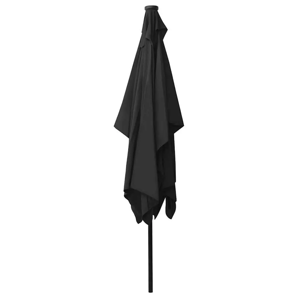 Garden Parasol Polyester 2x3m Black with Solar LED Lights and Steel Pole Crank Tilt