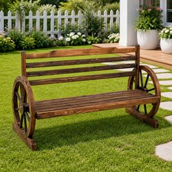Sturdy Firwood Garden Bench with Wagon Wheel Design