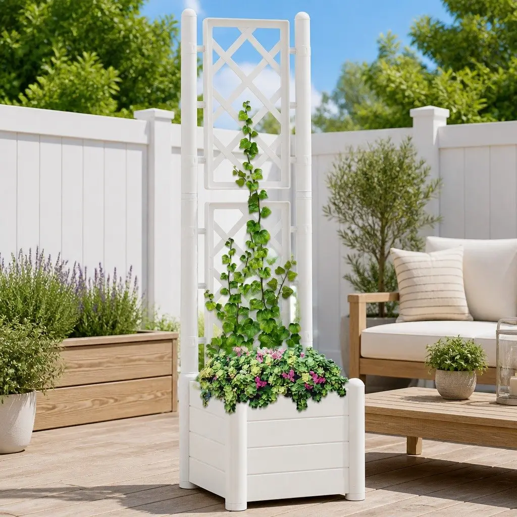 White Outdoor Raised Flower Box with Trellis Support