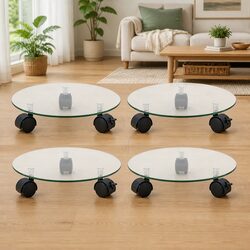 Plant Rollers 4 Pieces 28 cm Round Tempered Glass Rolling Bases Castor Wheels