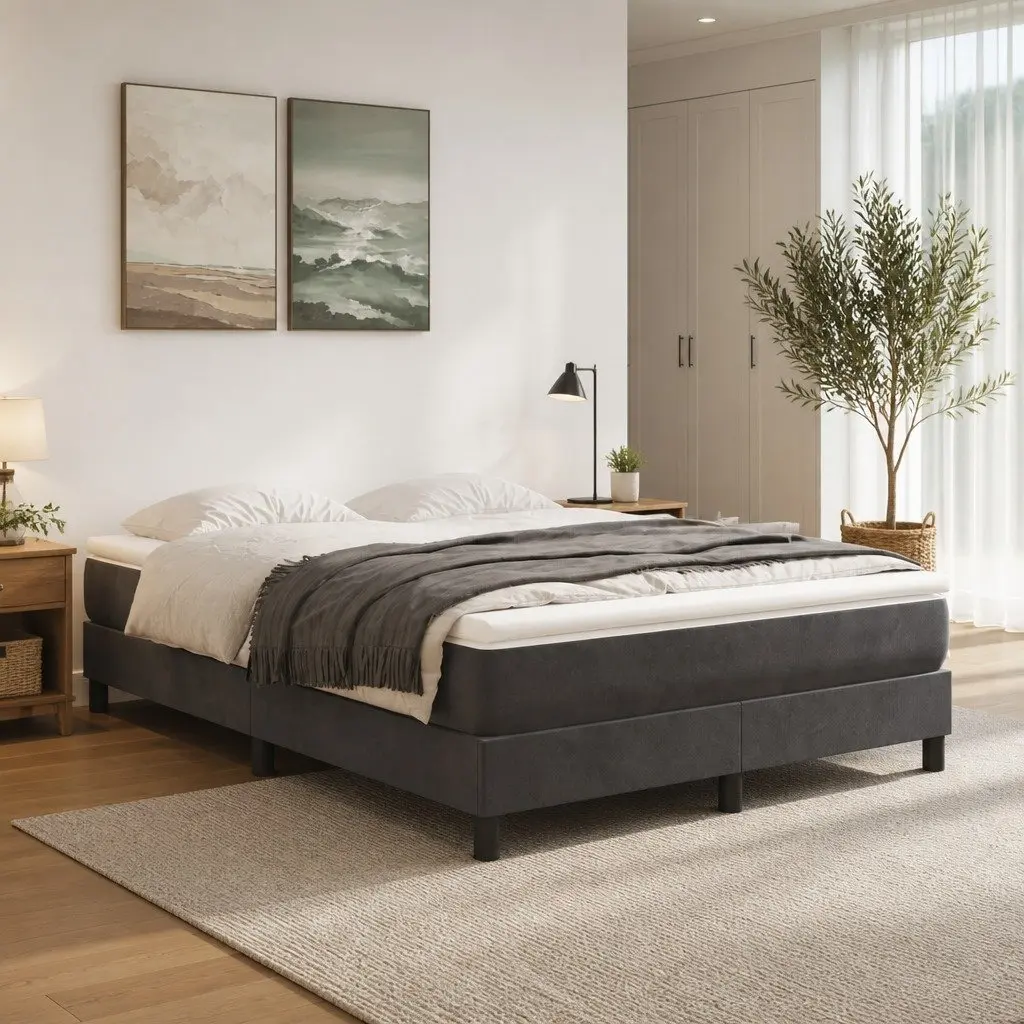 Queen Size Velvet Box Spring Bed with Pocket Spring Mattress
