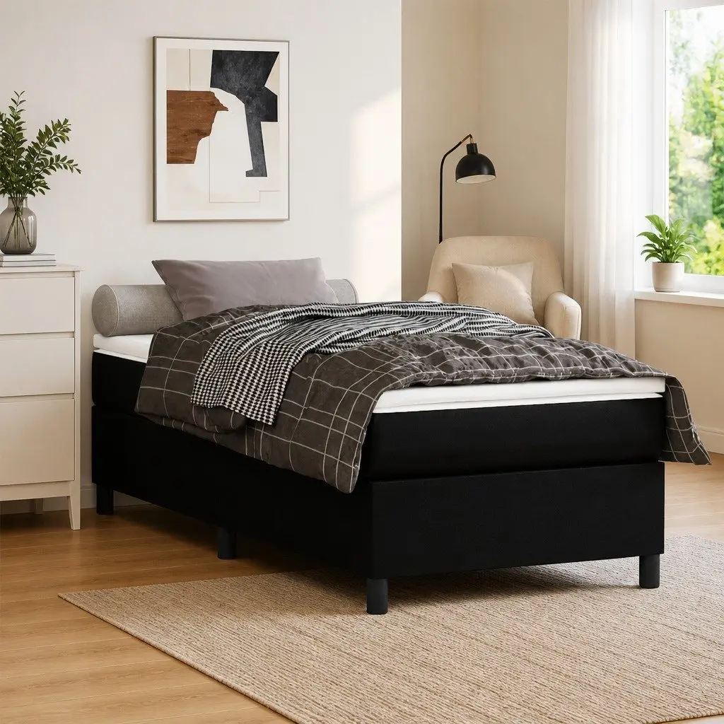 Box Spring Bed Faux Leather King Single 106x203cm Black