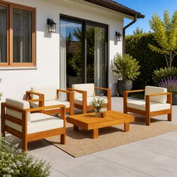 Solid Wood 5 Piece Garden Lounge Set with Cream White Cushions