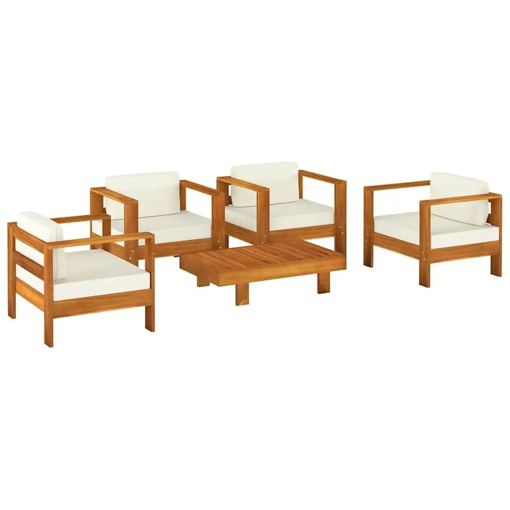 Solid Wood 5 Piece Garden Lounge Set with Cream White Cushions