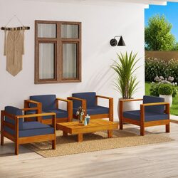 Solid Acacia Wood 5 Piece Garden Lounge Set with Grey Cushions