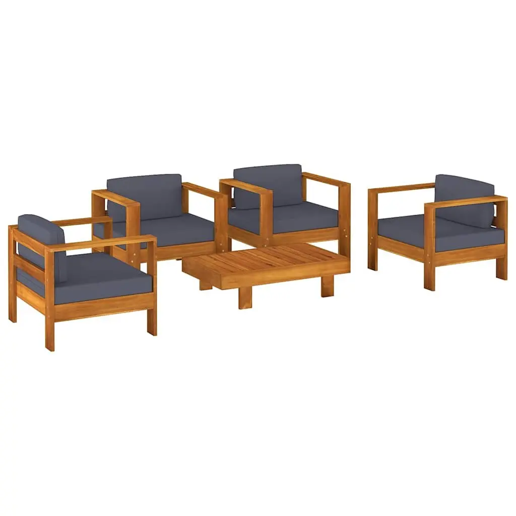 5 Piece Patio Lounge Set Solid Acacia Wood with Cushions Grey Outdoor Furniture