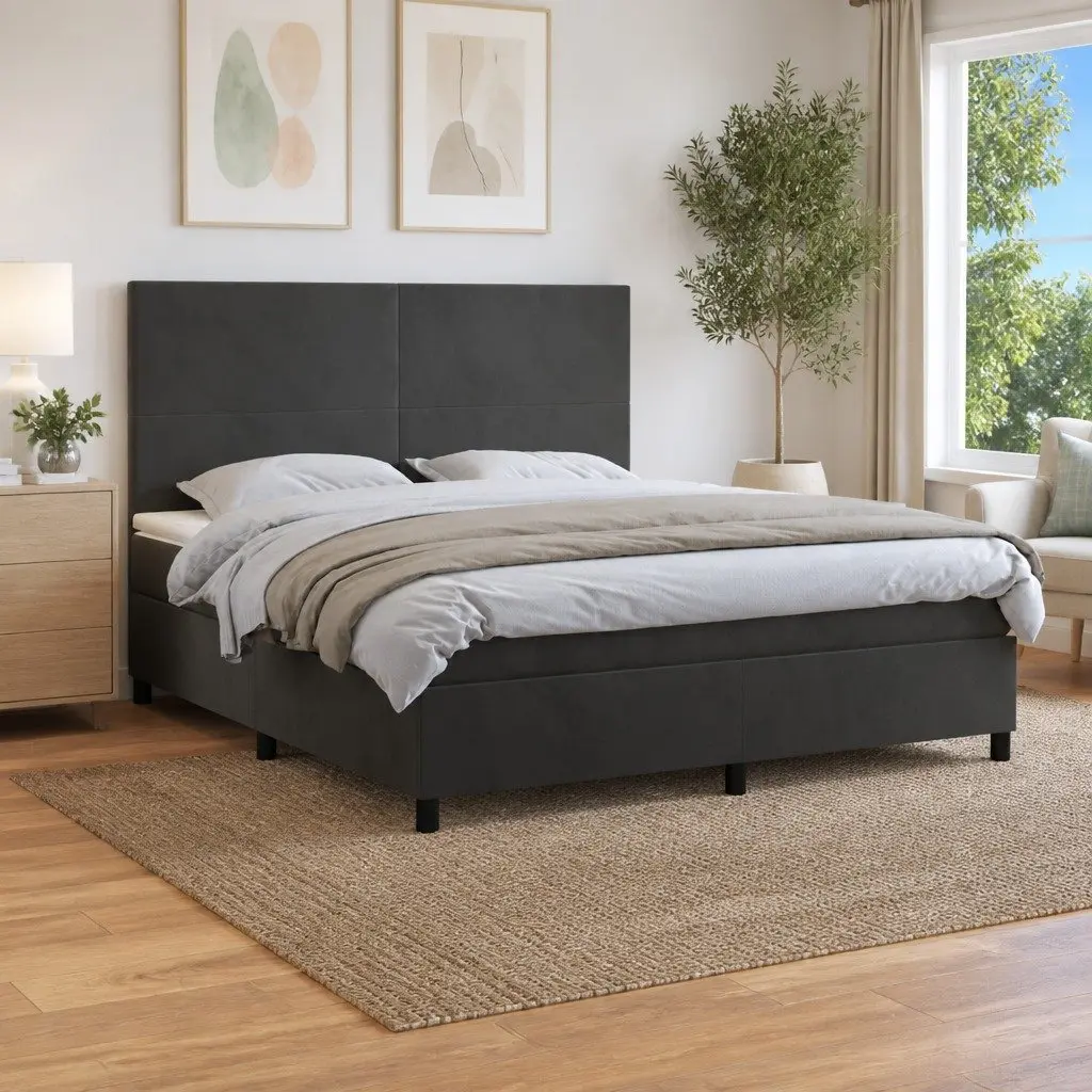 Box Spring Bed Velvet Queen Size Grey with Pocket Spring Mattress and Adjustable Headboard