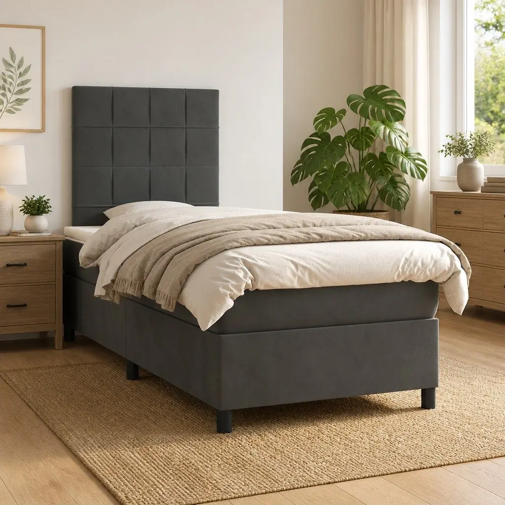 Box Spring Bed Pocket Spring Mattress Velvet Dark Grey 106x203cm