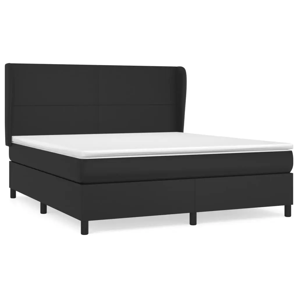Box Spring Bed Faux Leather Queen Size Black with Pocket Spring Mattress