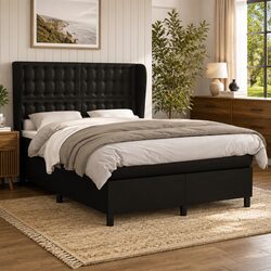 Durable Box Spring Bed with Adjustable Headboard in Black